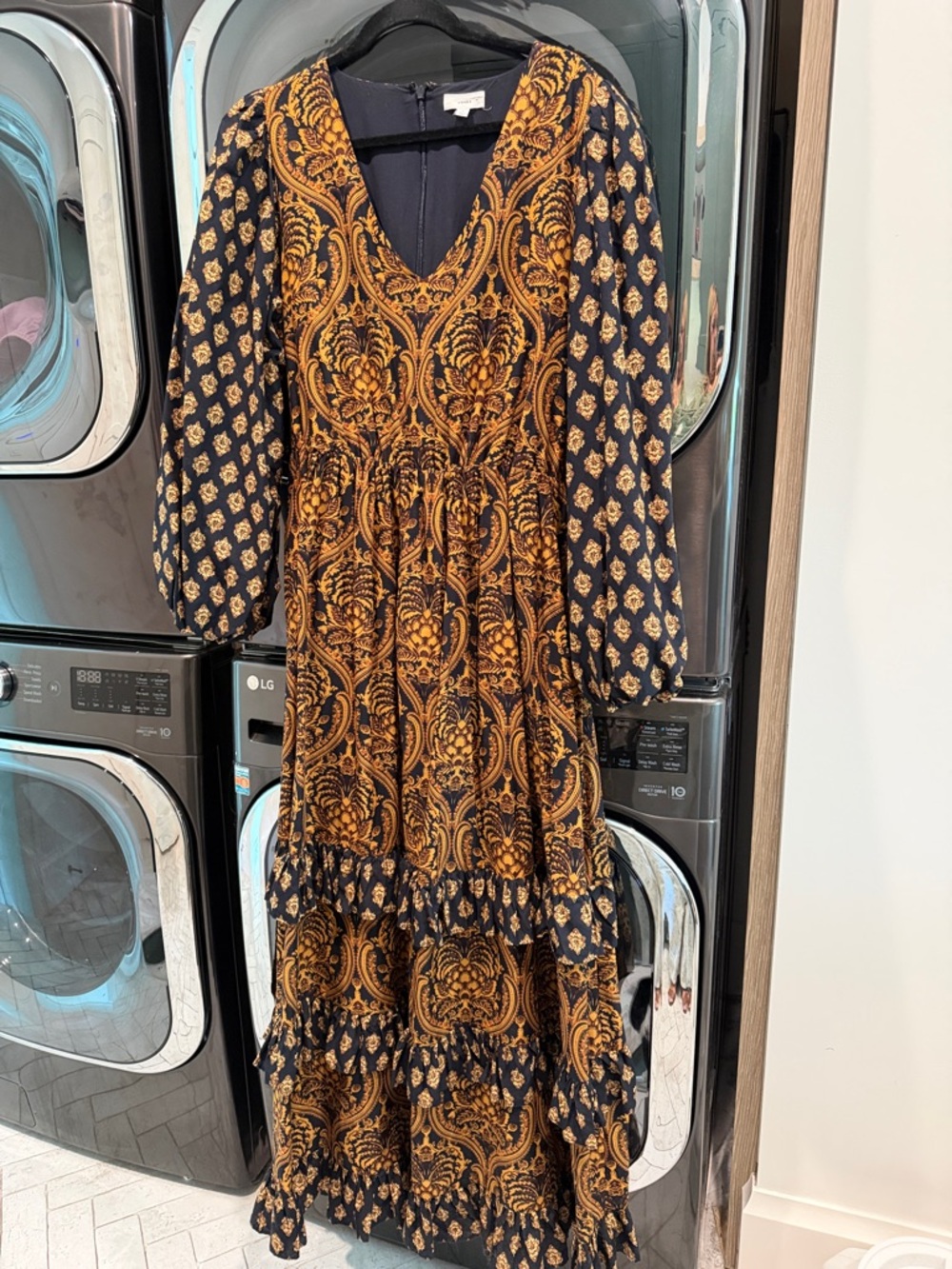 Printed Black and Mustard V-Neck Maxi Dress